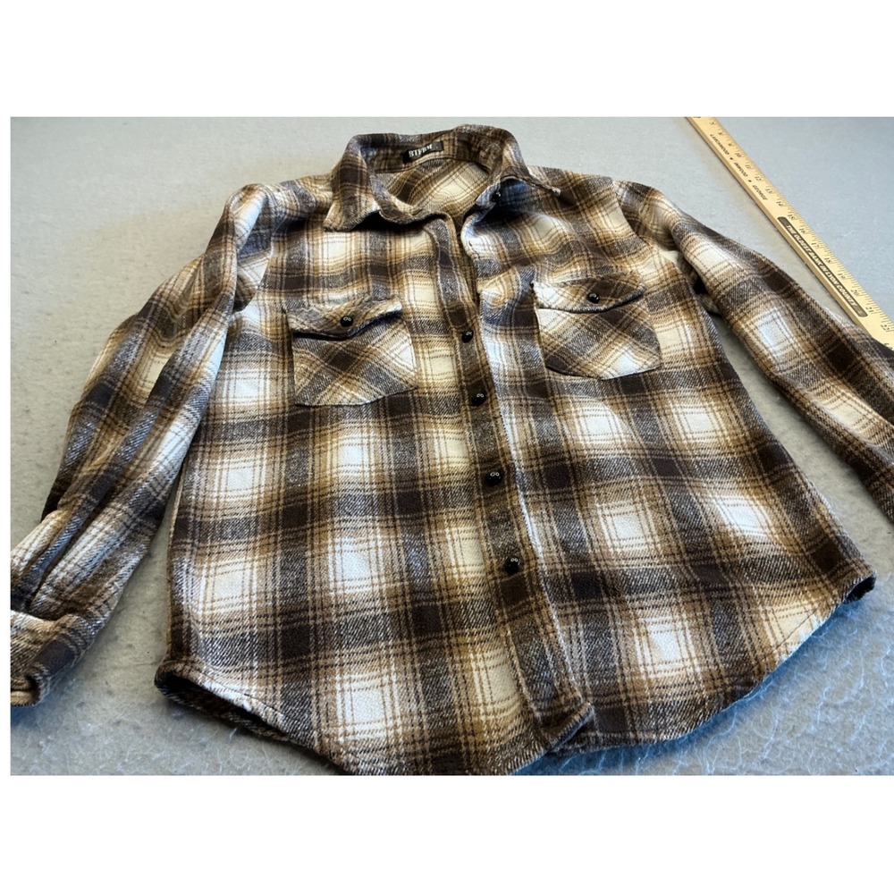 BTFBM Plaid Flannel Shirt Brown Cream Button Down Shacket Small Casual